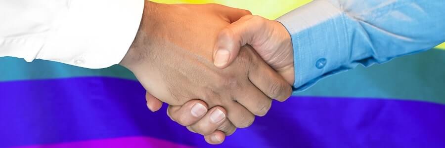 Businesspeople shaking hands in front of a Pride flag.