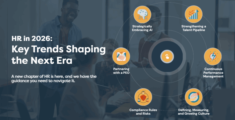 Graphic titled “HR in 2026: Key Trends Shaping the Next Era,” featuring icons for strategically embracing AI, strengthening the talent pipeline, continuous performance management, defining and growing culture, compliance rules and risks, and partnering with a PEO over a blurred office collaboration background
