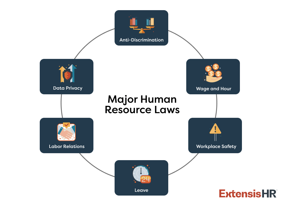 major human resource laws title in the middle, in the circle: anti-discrimination, wage and hour, workplace safety, leave, labor relations, data privacy, anti-discrimination