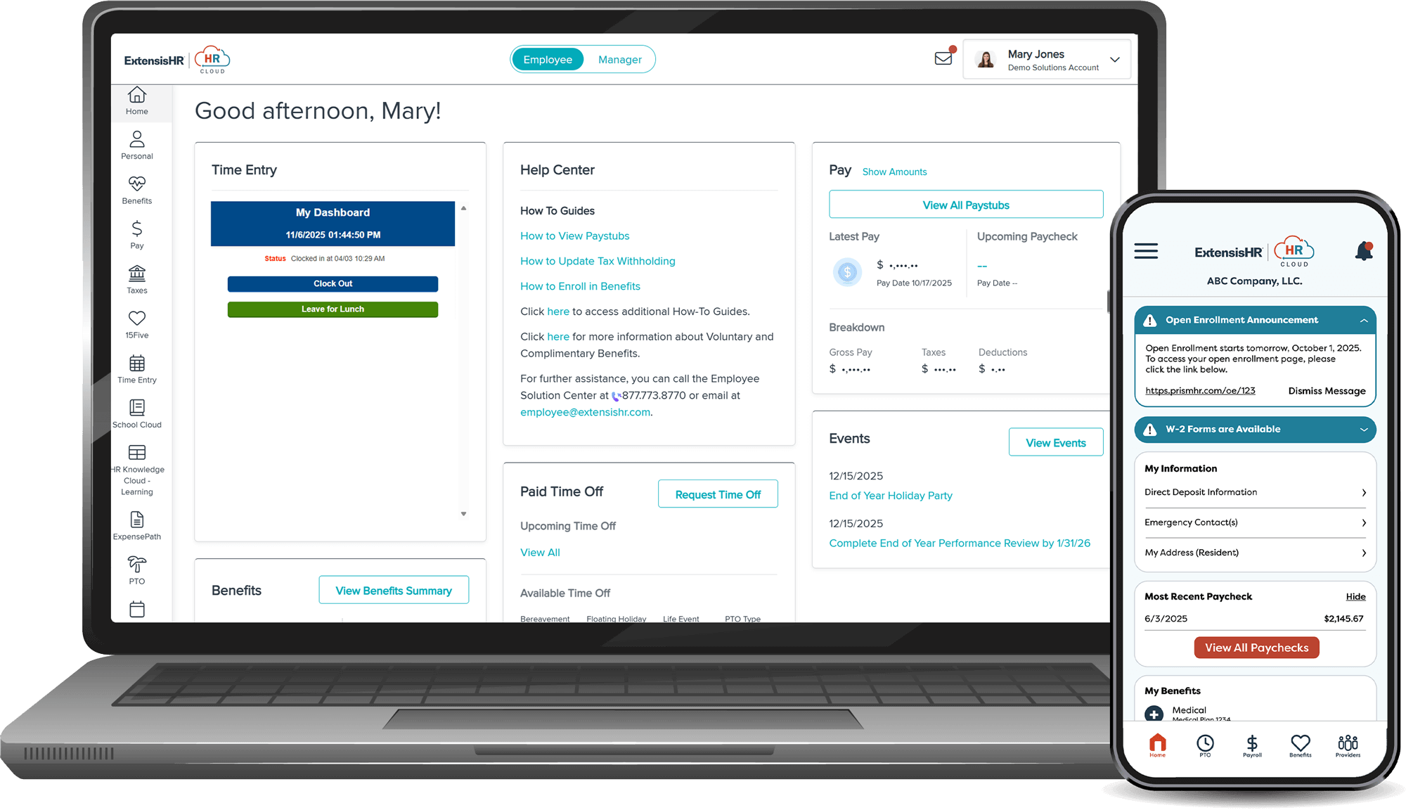 Screenshot of HRCloud People Management dashboard on laptop and mobile, showing employee profile details, tasks, and self-service menu options