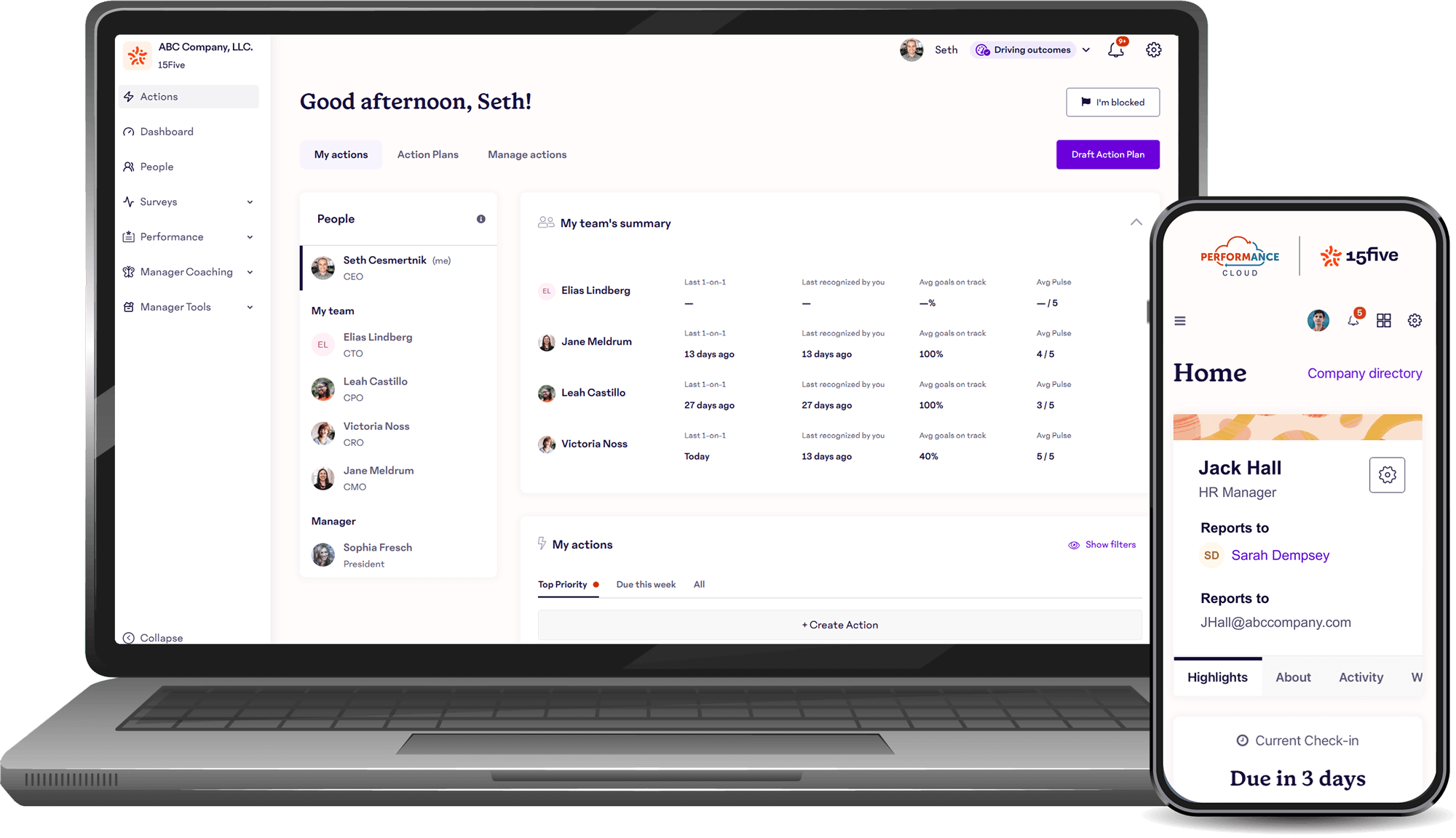 Screenshot of Performance Cloud on laptop and mobile, showing employee goals, progress tracking charts, peer review summaries, and performance cycle status