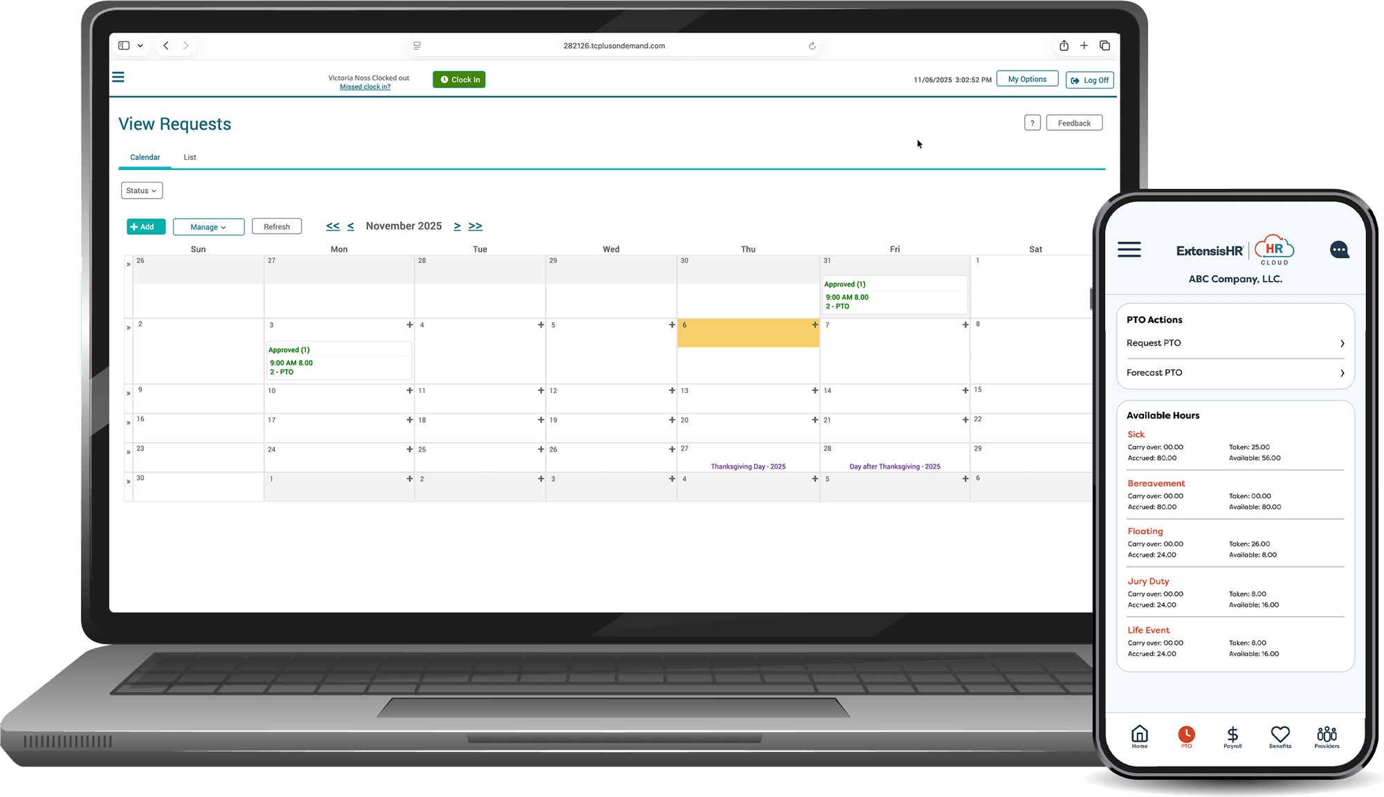 Screenshot of Time & Labor Cloud dashboard on laptop and mobile, featuring timecards, shift schedules, PTO requests, and attendance tracking charts