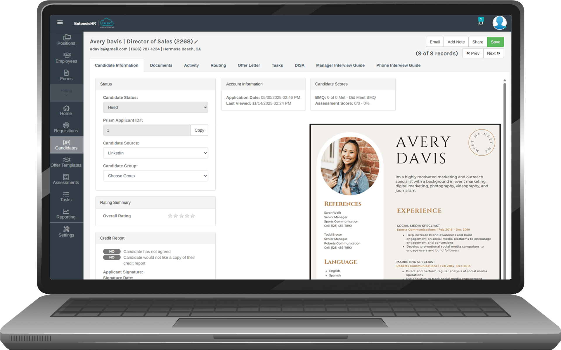 Screenshot of Recruiting Cloud applicant tracking dashboard on laptop, displaying candidate profiles, application stages, and job posting management tools