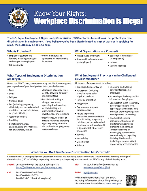 EEOC Know Your Rights Workplace Discrimination Is Illegal poster outlining federal protections against employment discrimination