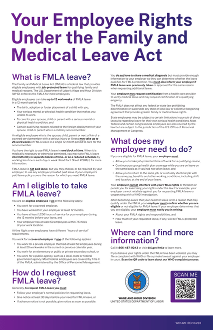 Family and Medical Leave Act poster describing employee rights to job-protected leave