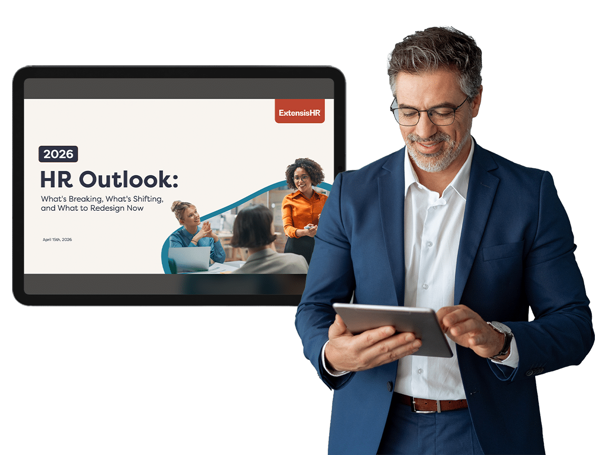 man holding iPad with a screen next to him saying "2026 HR Outlook: What's Breaking, What's Shifting, and What to Redesign Now"