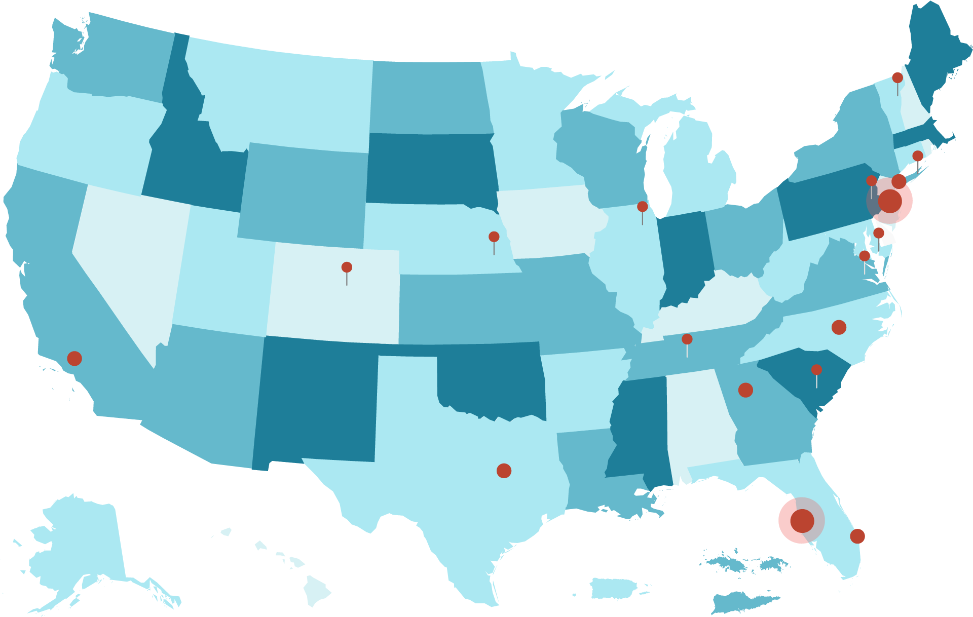 Map with pins on offices