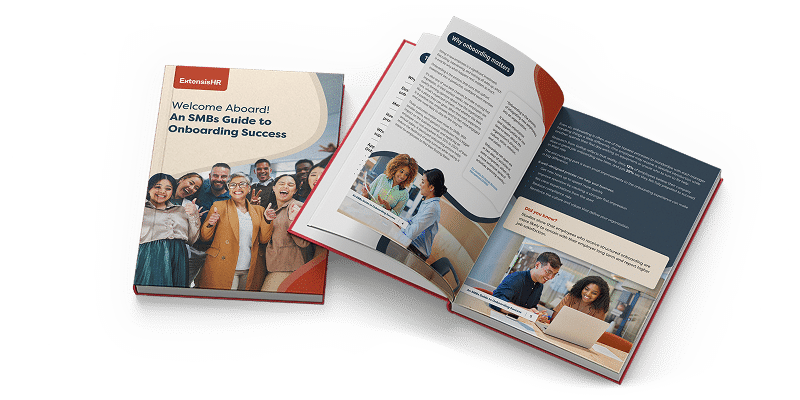 ExtensisHR onboarding guide displayed as a closed book alongside an open spread, showcasing the eBook "Welcome Aboard! An SMBs Guide to Onboarding Success" with sample pages on employee onboarding best practices.