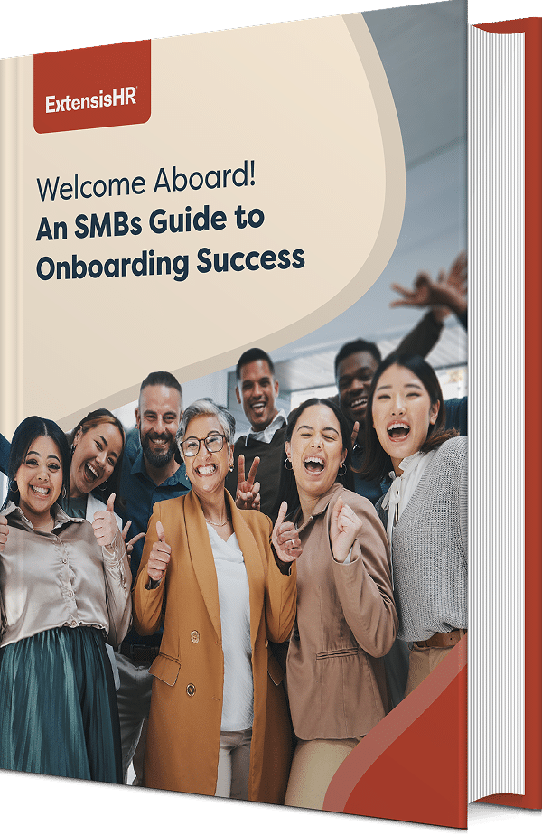 Cover of the ExtensisHR eBook titled "Welcome Aboard! An SMBs Guide to Onboarding Success," featuring a group of smiling employees celebrating together.